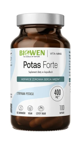 Biowen Potas Forte cytrynian potasu, 100 kapsułek – opakowanie, szklany słoik