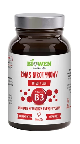 Biowen Kwas nikotynowy (witamina B3) proszek 120 g – opakowanie, szklany słoik