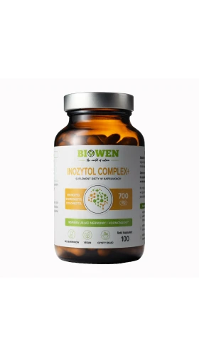 Biowen Inozytol Complex+ 700 mg, 100 kapsułek – opakowanie, szklany słoik