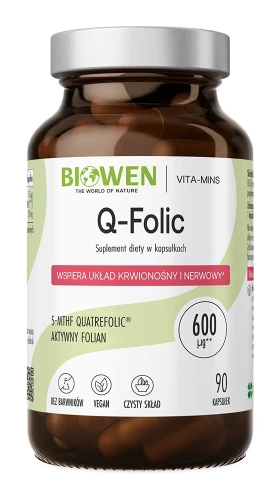 Biowen Q-Folic 5-MTHF (Quatrefolic) 600 µg, 90 kapsułek – opakowanie, szklany słoik