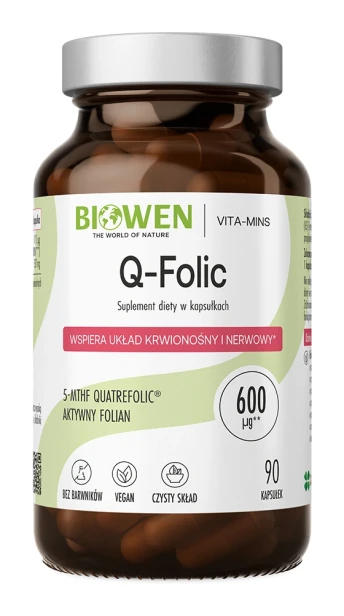 Biowen Q-Folic 5-MTHF (Quatrefolic) 600 µg, 90 kapsułek – opakowanie, szklany słoik