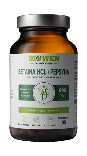 Biowen Betaina HCl + Pepsyna 690 mg, 90 kapsułek – opakowanie, szklany słoik