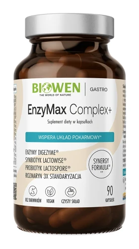 Biowen EnzyMax Complex+ 90 kapsułek – opakowanie, szklany słoik
