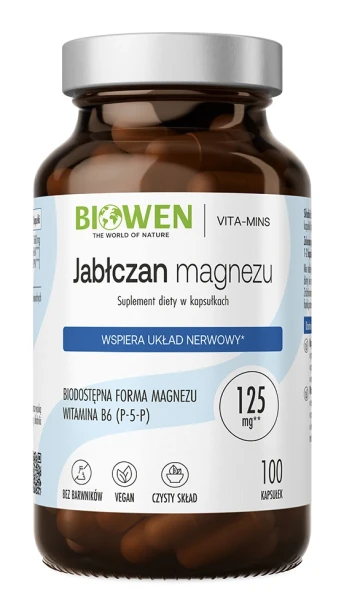 Biowen Jabłczan magnezu z witaminą B6 (P-5-P), 100 kapsułek – opakowanie, szklany słoik