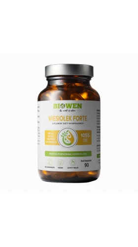 Biowen Wiesiołek Forte 1055 mg, 90 kapsułek – opakowanie, ciemny szklany słoik