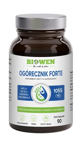 Biowen Ogórecznik Forte 1055 mg, 90 kapsułek – opakowanie, szklany słoik