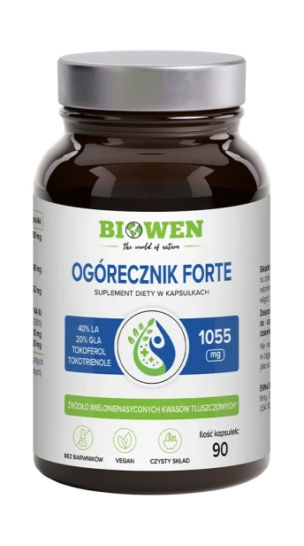 Biowen Ogórecznik Forte 1055 mg, 90 kapsułek – opakowanie, szklany słoik