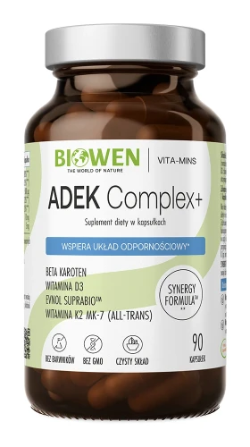 Biowen ADEK Complex+ witaminy A, D3, E, K2, 90 kapsułek – opakowanie, szklany słoik