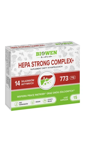 Biowen Hepa Strong Complex+ 15 kapsułek – opakowanie, kartonik z blistrem