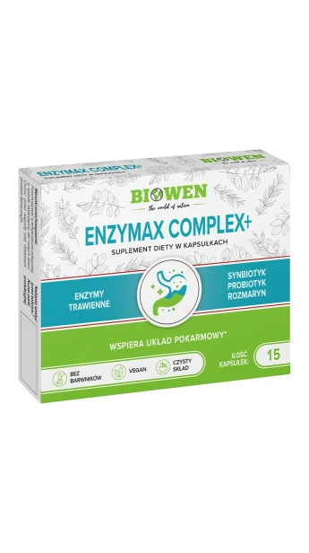 Biowen EnzyMax Complex+ 15 kapsułek – opakowanie, kartonik z blistrem