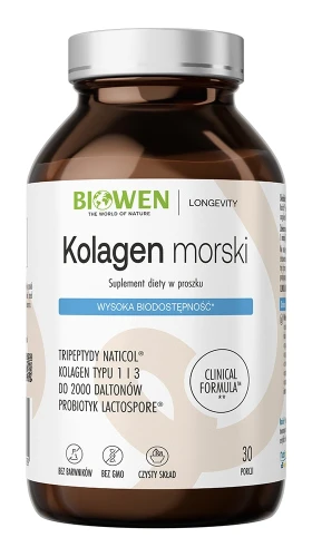 Biowen Kolagen morski w proszku, 225 g – opakowanie, szklany słoik