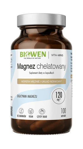 Biowen Magnez chelatowany (diglicynian magnezu), 100 kapsułek – opakowanie, szklany słoik
