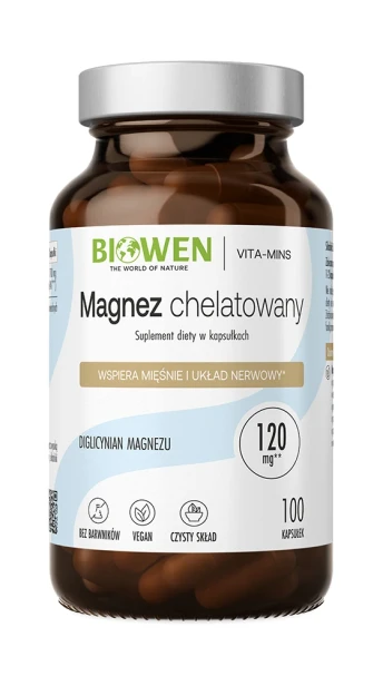 Biowen Magnez chelatowany (diglicynian magnezu), 100 kapsułek – opakowanie, szklany słoik