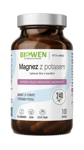 Biowen Magnez z potasem, 100 kapsułek – opakowanie, szklany słoik