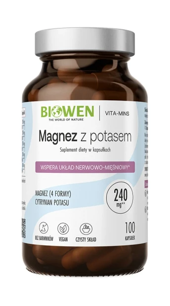 Biowen Magnez z potasem, 100 kapsułek – opakowanie, szklany słoik