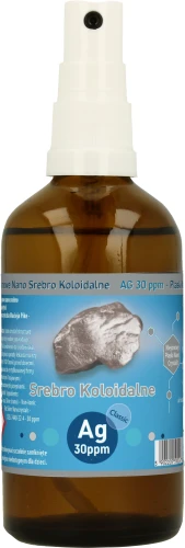 Butelka 100 ml z atomizerem ze srebrem koloidalnym Classic Ag 30 ppm Vitacolloids, widok z przodu