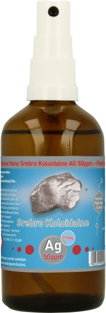 Butelka 100 ml z atomizerem ze srebrem koloidalnym STRONG Ag 50 ppm Vitacolloids, widok z przodu