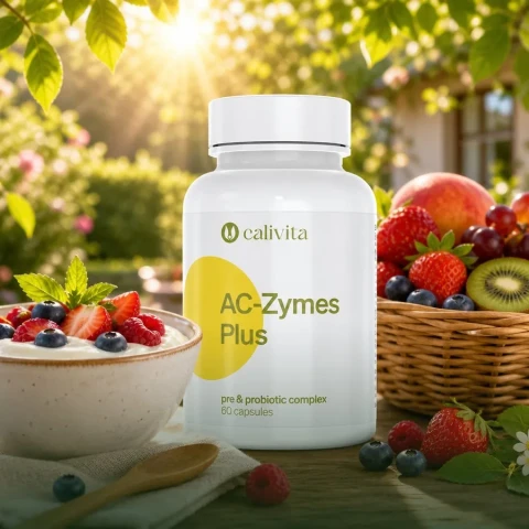 Suplement Calivita AC-Zymes Plus – opakowanie z jogurtem i świeżymi owocami
