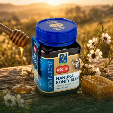 Miód Manuka – słoik z plastrem miodu i kwiatami manuki