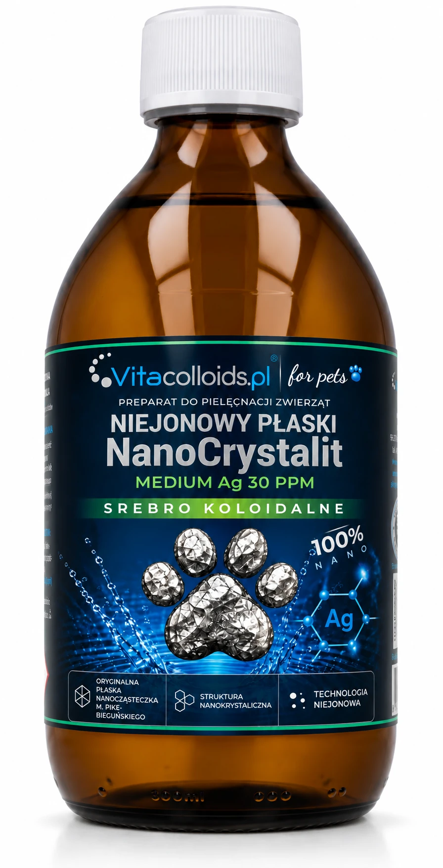 Niejonowe nano Srebro koloidalne Ag 30 ppm 300 ml Vitacolloids for pets